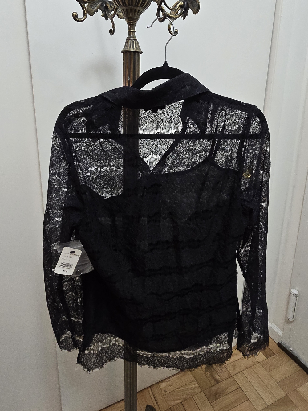 Sheer Black Lace Button-Down Shirt with Collar